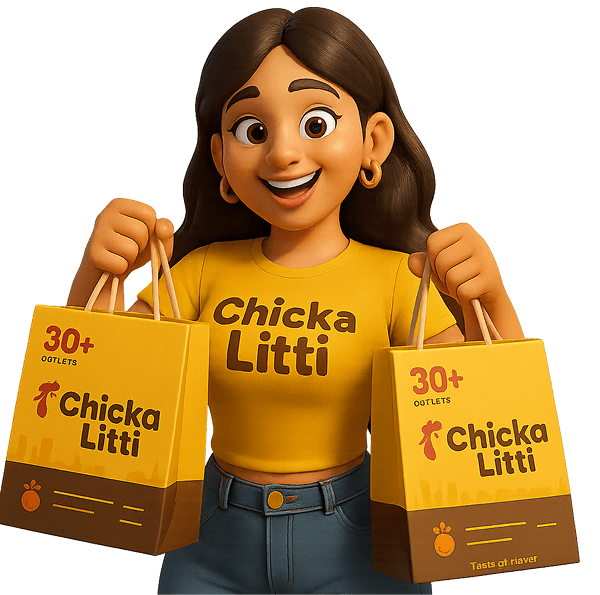 Chicka Litti brand mascot holding food bags